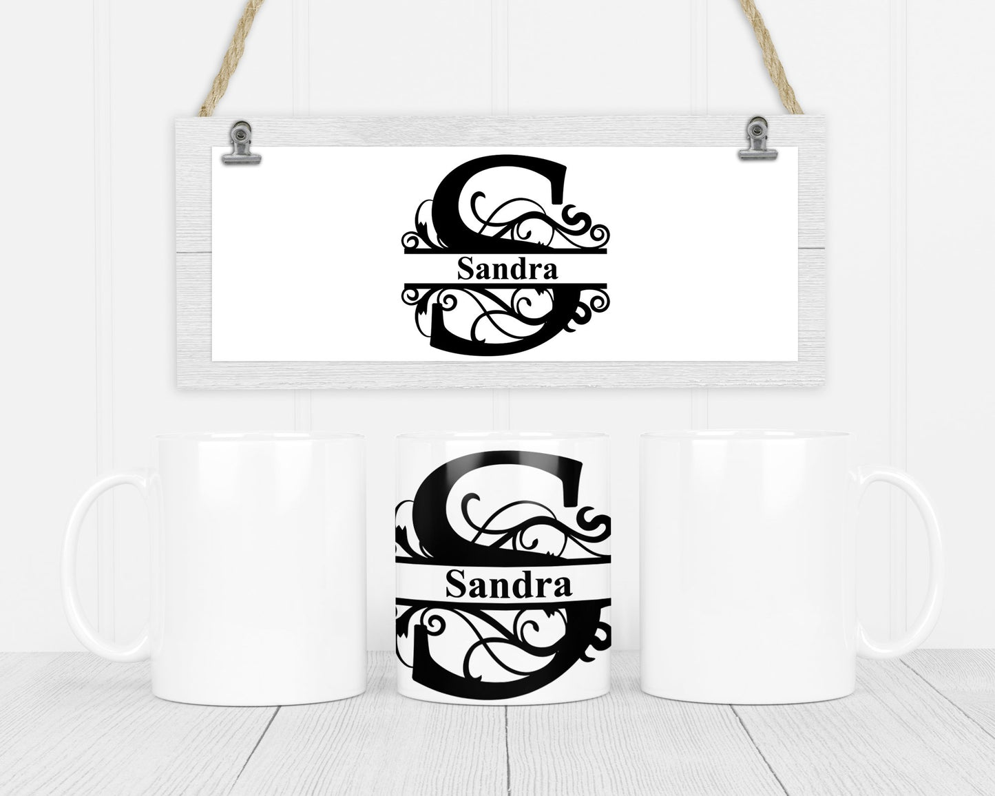 Motivtasse split Monogram schwarz / weiß mit Personalisierung- - de Nicolo Design