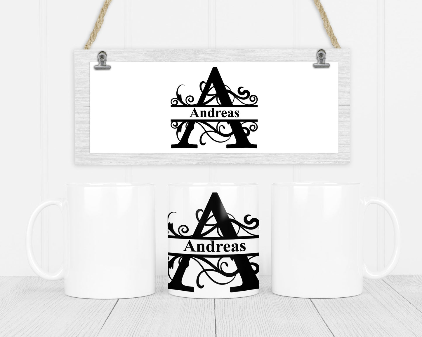 Motivtasse split Monogram schwarz / weiß mit Personalisierung- - de Nicolo Design