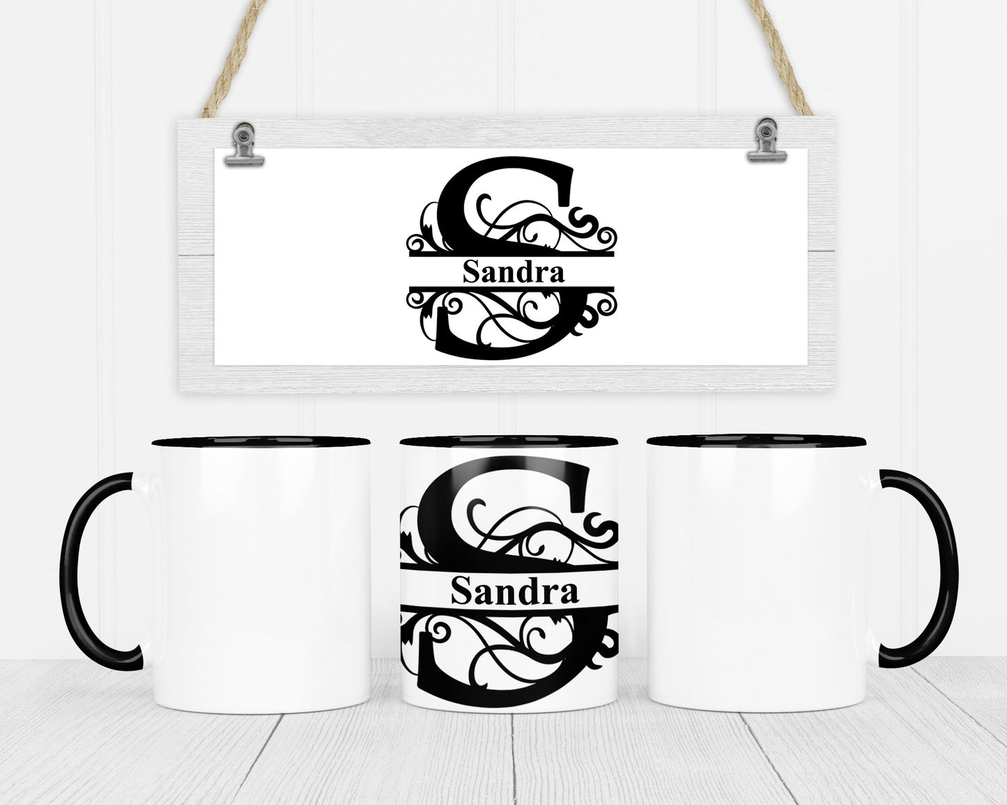 Motivtasse split Monogram schwarz / weiß mit Personalisierung- - de Nicolo Design