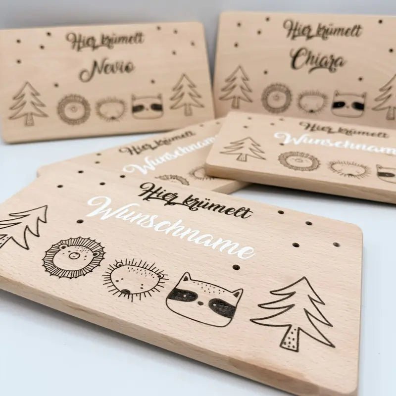 Personalisiertes Kinder-Frühstücksbrettchen aus Buchenholz mit Tiermotiven- - de Nicolo Design