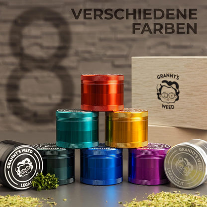 Granny‘s Premium Aluminium Grinder | messerscharfes Mahlwerk | 4 - teilig | inkl. Pollenschieber | Kräutermühle - de Nicolo Design